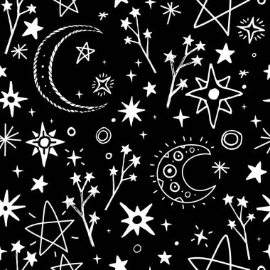 Bir dizi el çizimi yıldız. siyah-beyaz vektör resimleme boho biçimi