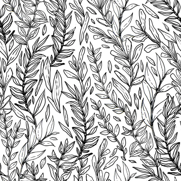 black white hand-drawn pattern of leaves.
