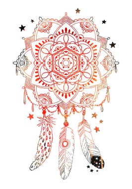 Boho tarzı tüyleri olan suluboya el yapımı mandala. beyaz arkaplanda izole edilmiş