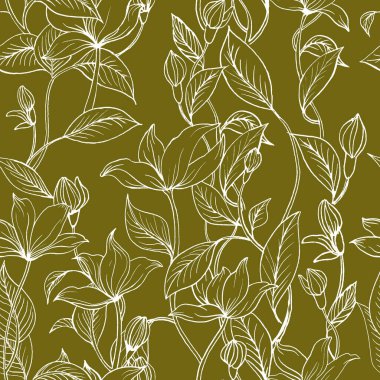 Altın yeşili arka planda beyaz çizgili çiçek. Tekstil, duvar kağıdı, tasarım için kusursuz desen