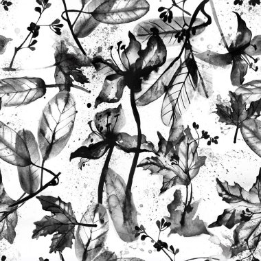 Siyah beyaz çiçeksiz desen. mürekkep çizilmiş el illüstrasyonu