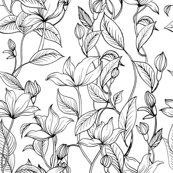 black outline flower on white background. seamless pattern for use on textile, wallpaper, design