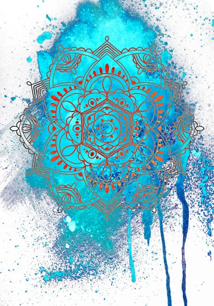 Mandala Bleu Aquarelle Dessiné Main Dans Style Boho Isolé Sur — Photo