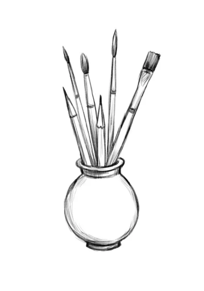 Outils Artiste Dans Vase Illustration Crayon Dessinée Main — Photo