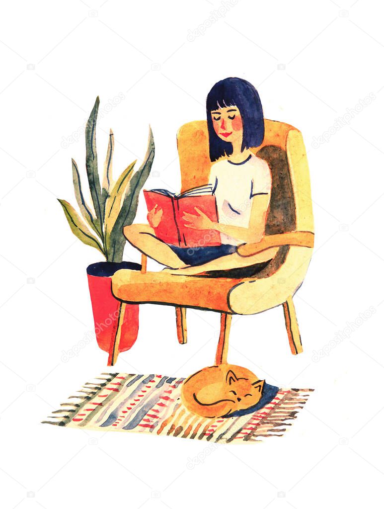 The girl reads sitting in a chair. watercolor hand illustration. stay at home during the coronavirus pandemic, self-isolation