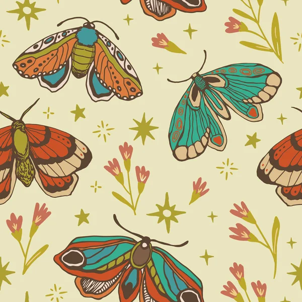Nahtlose Vektormuster Schmetterling Blume Stern Magische Vintage Illustration Für Textilien — Stockvektor