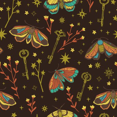 Kusursuz vektör deseni. Kelebek, çiçek, yıldız. Tekstil ve ofis kâğıtları için büyülü vintage illüstrasyon