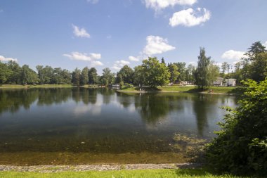 Ostankino Parkı 'nın arkasında ormanla çevrili bir gölet.