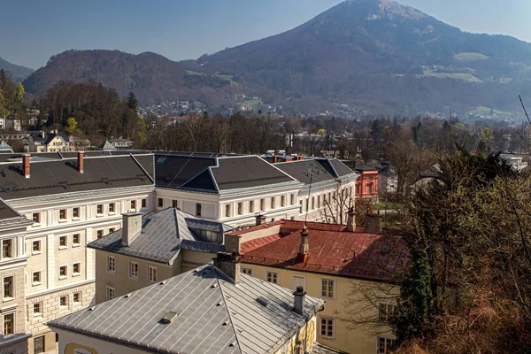 Salzburg Avusturya dağların arkasındaki apartmanların çatılarının en üst manzarası