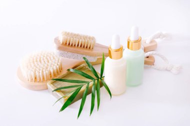 Bath accessories on white background, close up