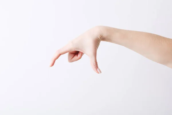 Mão feminina vazia fazendo gesto como segurar algo no fundo branco . — Fotografia de Stock