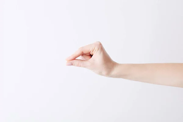 Mão feminina vazia fazendo gesto como segurar algo no fundo branco . — Fotografia de Stock