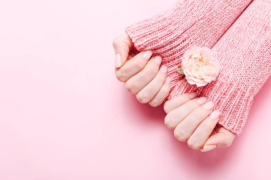 Pembe arka planda güzel manikürlü kadın elleri. Hands spa konsepti