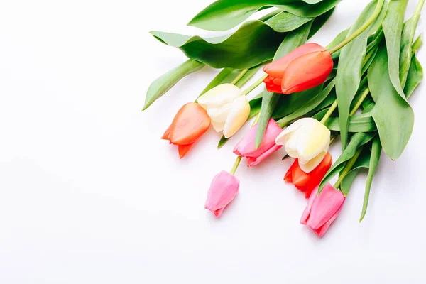 Gyönyörű tulipán csokorban fekvő fehér háttér, felső nézet — Stock Fotó