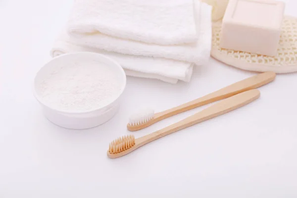 Wooden teeth brushes and tooth-powder on white backgroud. Zero waste concept — Stock Photo, Image
