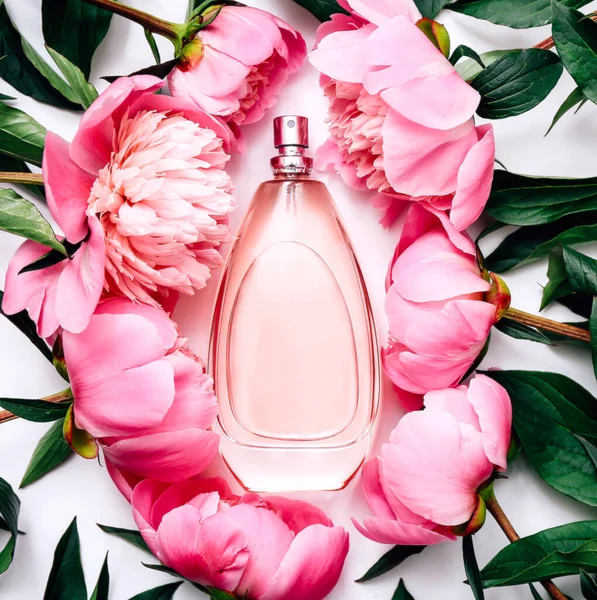 Pink bottle of women\'s perfume next to the flowers of peony. Top view, flat lay