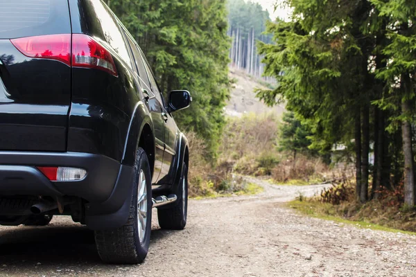 Karlı kış ormanında büyük siyah bir SUv.