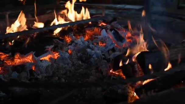 Skup Się Drewnie Płonącym Kominku Ogień Bawiący Się Wokół Spalonego — Wideo stockowe