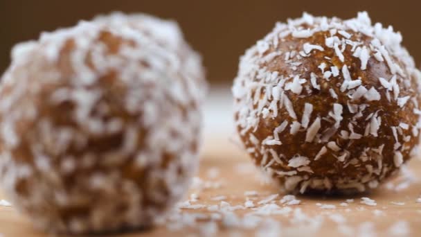 Energy Balls Useful Sweets Board Slow Motion Side Coconut Flakes — Stock Video