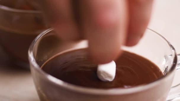 Ζεστή Σοκολάτα Ζαχαρωτά Πέφτοντας Marshmallows Ένα Φλιτζάνι Ζεστό Ρόφημα Closeup — Αρχείο Βίντεο