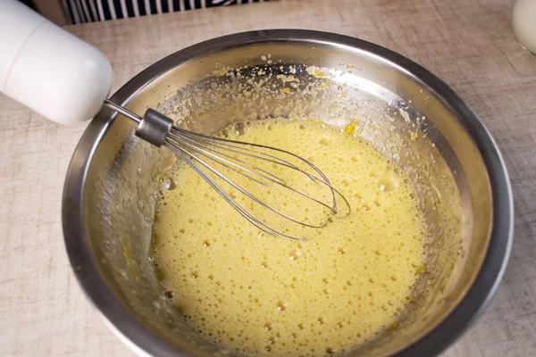 Beaten Egg Yolks Bowl Whisk Top View — Stock Photo, Image