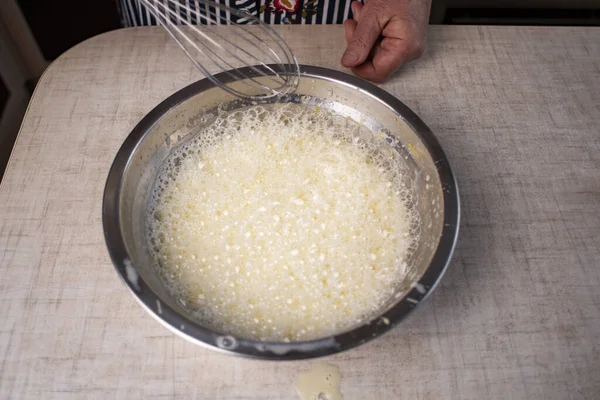 Beaten Egg Yolks Bowl Whisk Beat Foam — Stock Photo, Image