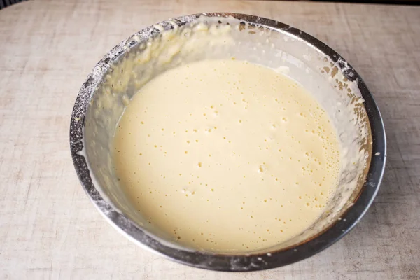 Pancake Dough Iron Bowl Kitchen Table Top View — Stock Photo, Image