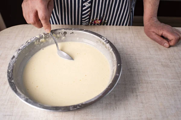 Female Hands Interfere Pancake Dough Iron Bowl Kitchen Table — Stock Photo, Image