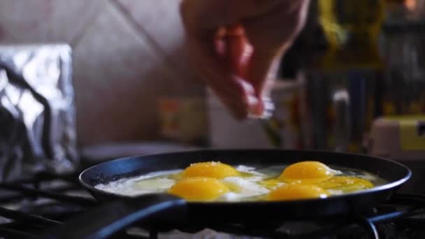 Huevos fritos en la sartén, chica está salando los huevos — Vídeo de stock