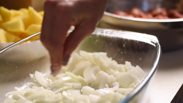 A chefs hand sprinkles herbs onto a plate of fish, rice and salad in a restaurant kitchen in slow motion. — Stock Video