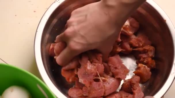 O cozinheiro mistura os pedaços de carne crua com especiarias . — Vídeo de Stock