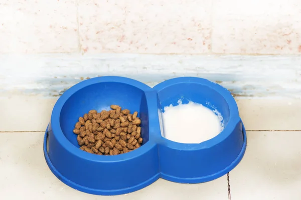 Old blue bowl for animal feed with feed and milk.