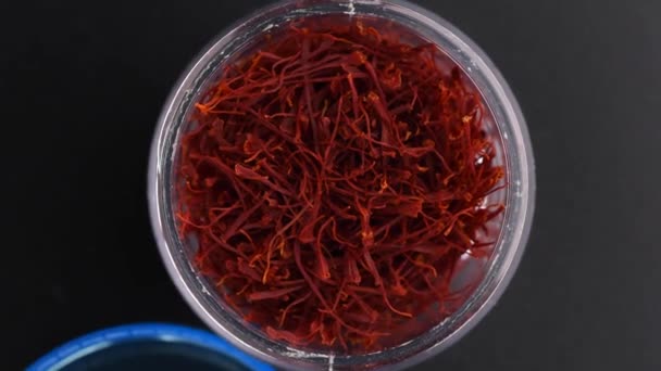 Top View Transparent Box High Quality Red Saffron Threads Slowly — Stock Video