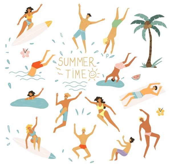 Bir dizi vektör şirin yaz ikonları: yüzen insanlar, tropikal çiçekler, dondurma, palmiye yaprakları, plajda yüzmek için meyve ve diğer şeyler. Parlak yaz tatili posteri.