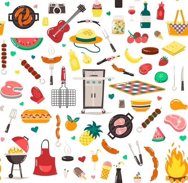 Yaz, bahar barbekü ızgarası ve piknik deseni. Atıştırmalıklar, sebzeler, sağlıklı yiyecekler. Et, sosis, soslu şişeler ve diğer ızgara aletleri. Parti eşyaları, dekorasyonlar. Beyaz arkaplanda izole.
