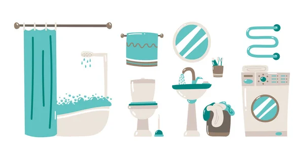 Vektor Cartoon Badezimmer Hintergrundvorlage. modernes Zuhause, Hotelappartement Toilette, Toilette mit Möbeln und Hygienezubehör. Spiegel über dem Waschbecken. — Stockvektor