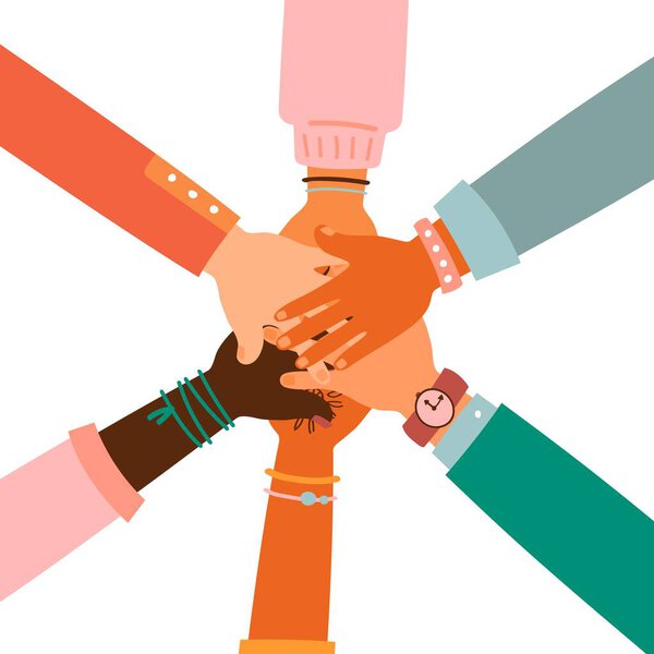 Руки вместе - множество разных рас подняли руки. Понятие образования, бизнес-обучения, волонтерства, благотворительности, партии
.