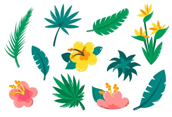 Zestaw tropikalnych roślin. Wektorowa kolekcja tropikalna na plażę, letnie wakacje, projekt strony hawajskiej. — Wektor stockowy