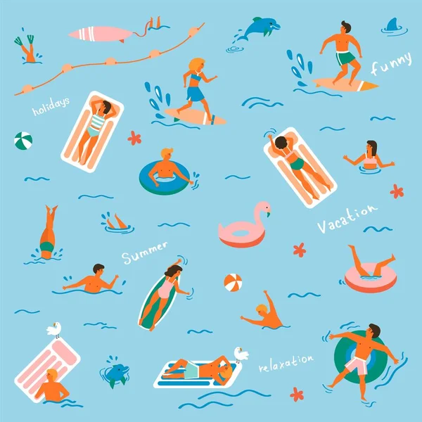 Yaz zamanı plaj illüstrasyonu. İnsanlar yüzüyor, eğleniyor, güneşleniyor ve okyanusta dinleniyor..