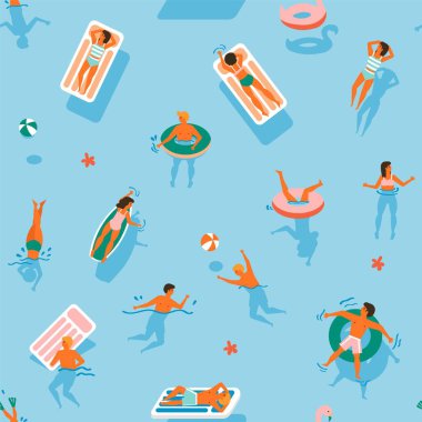 Yaz zamanı plaj şablonu. İnsanlar yüzüyor, eğleniyor, güneşleniyor ve okyanusta dinleniyor..