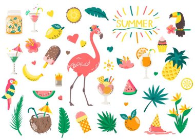 Sevimli yaz simgeler kümesi: gıda, içecekler, palmiye yaprakları, meyve ve flamingo. Parlak yaz poster. Plaj partisi için scrapbooking öğeleri koleksiyonu.