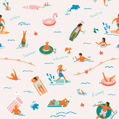 Yaz zamanı plaj şablonu. İnsanlar yüzüyor, eğleniyor, güneşleniyor ve okyanusta dinleniyor..