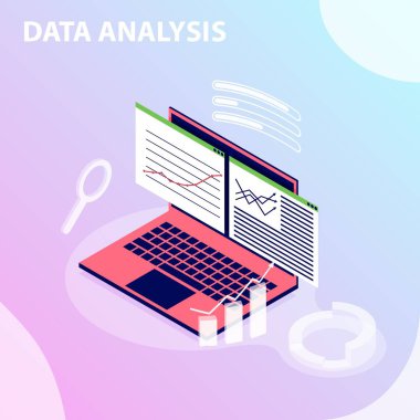 Holografik projeksiyon efektli düz izometrik vektör veri analizleriName.