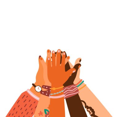 Hands together - set of different races raised up hands. The concept of education, business training, volunteering charity, party. clipart