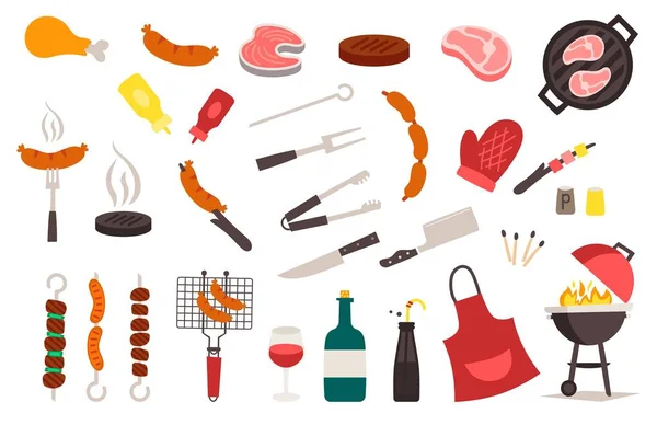 Yaz, bahar barbekü ızgara ve piknik ikonları seti. Atıştırmalıklar, sebzeler, sağlıklı yiyecekler. Et, sosis, soslu şişeler ve diğer ızgara aletleri. Parti eşyaları, dekorasyonlar. Beyaz arkaplanda izole.