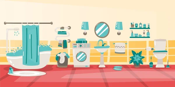 Vektör karikatür banyo iç plan şablonu. Modern ev, otel tuvaleti, mobilyalı tuvalet ve hijyen aksesuarları. Lavabonun üstündeki ayna..