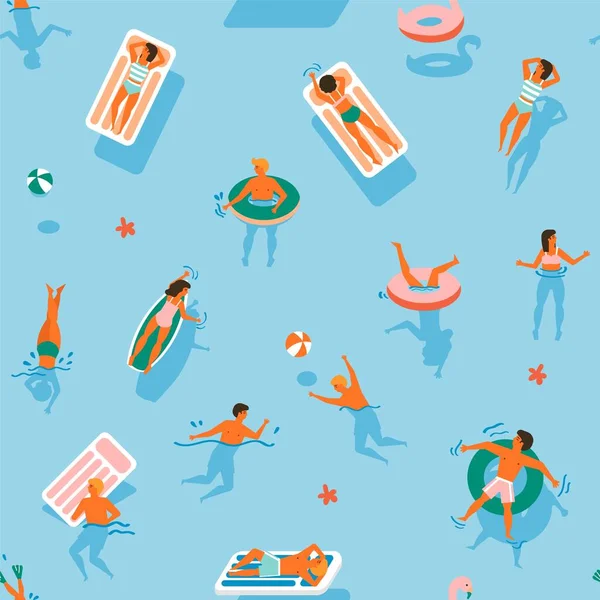 Yaz zamanı plaj şablonu. İnsanlar yüzüyor, eğleniyor, güneşleniyor ve okyanusta dinleniyor..
