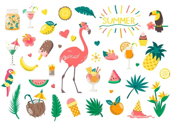 Conjunto de bonitos iconos veraniegos: comida, bebidas, hojas de palma, frutas y flamenco. Cartel luminoso de verano. Colección de elementos de scrapbooking para fiesta en la playa . — Vector de stock