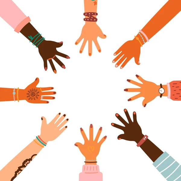 Hands together - set of different races raised up hands. The concept of education, business training, volunteering charity, party. — Stock Vector