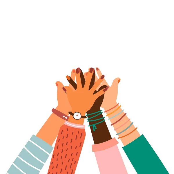 El ele tutuşun. Farklı ırklar el kaldırsın. Eğitim konsepti, iş eğitimi, gönüllü hayır işi, parti.